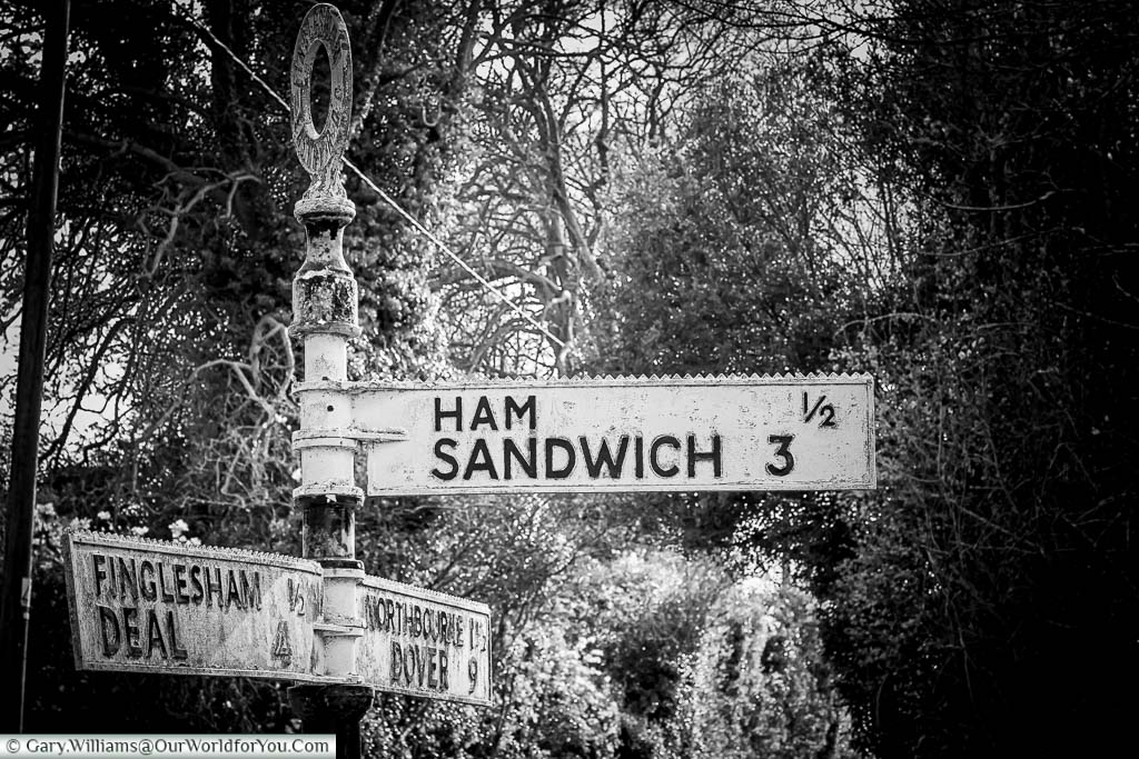 The famous Ham Sandwich road signed just outside the hamlet of Ham that also points towards the coastal town of Sandwich.