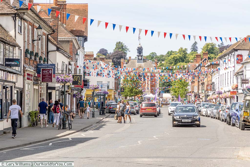 The High Street of Henley-on-Thames decorated with bunting in preparation for the Royal regatta.