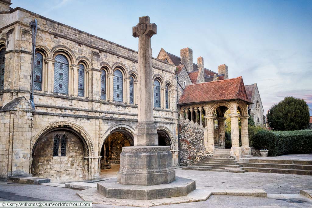 A stone cross in Memorial Court, King's School, Canterbury
