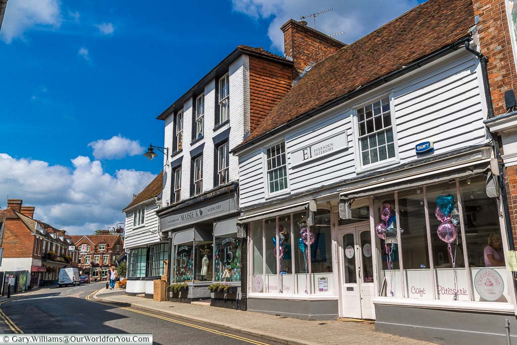 Looking along the top end of the High Street where a selection of independent stores find home in the half-timbered historic buildings of Cranbrook.