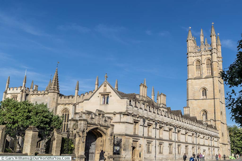 The exterior of Magdalen College, including the chapel tower, from the High Street