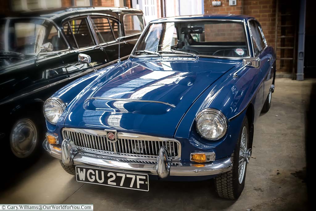 A 1960's Royal Blue MGC sports car owned by Prince Charles in the Sandringham Museum on the Royal Estate.