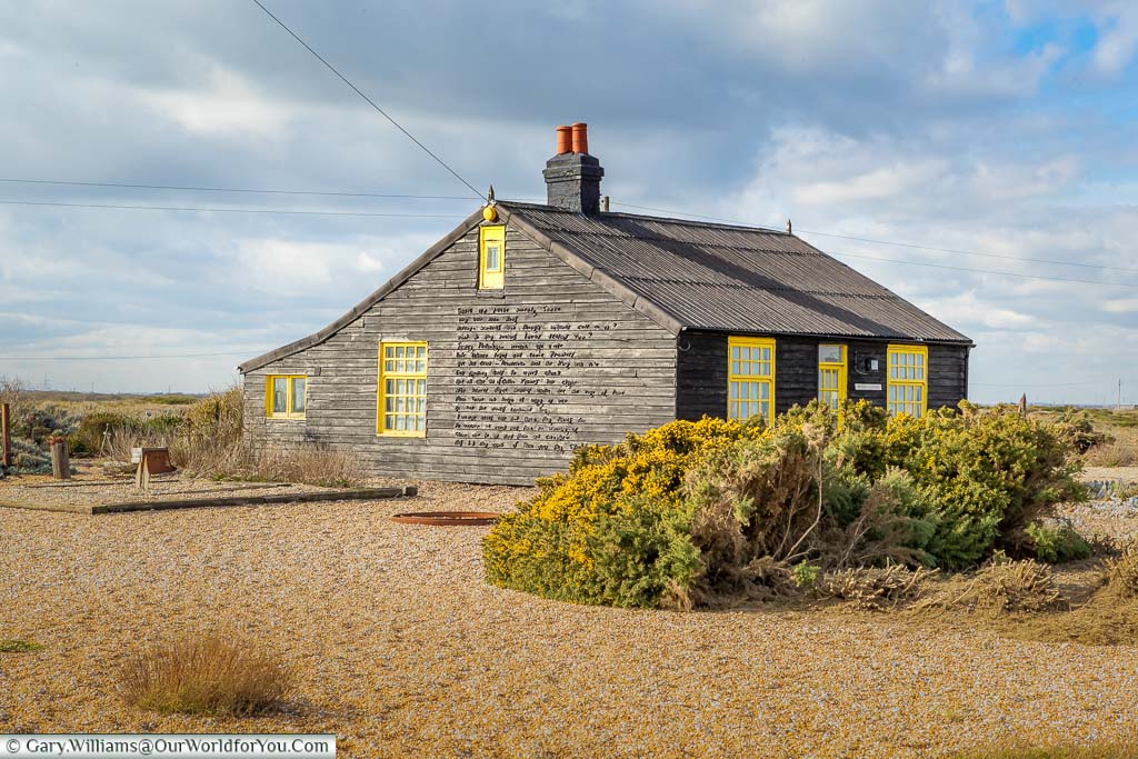 The pretty, black and yellow trimmed, Prospect Cottage, former home to Derek Jarman, at Dungeness.