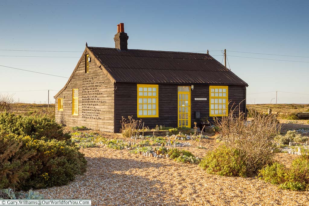 The pretty, black and yellow trimmed, Prospect Cottage, former home to Derek Jarman, at Dungeness.