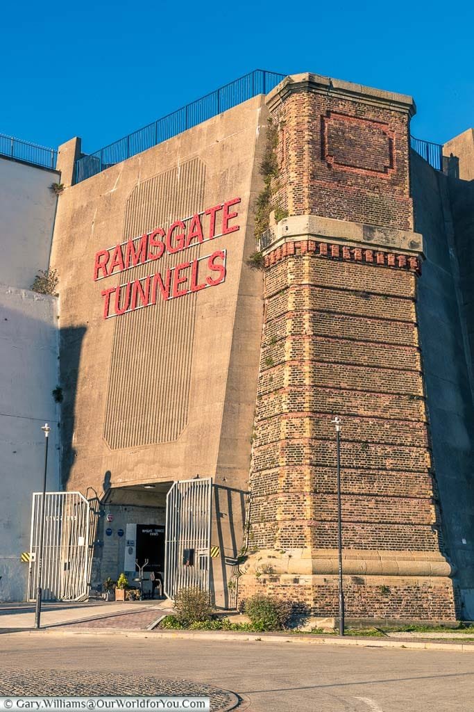 The entrance to Ramsgate Tunnels carved into the soft chalk of the landscape that was once home to a railway line they run all the way onto the beach front.