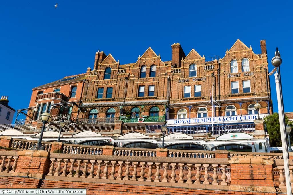 Red brick terraces that lead up to the Royal temple Yacht Club. The red brick is very much feature of the harbourside.