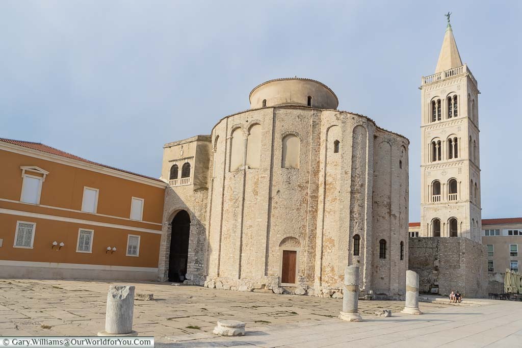 The circular church of St Donatus in Zadar, next to the ruins of the Roman forum, with the Venetian style bell tower in the background.