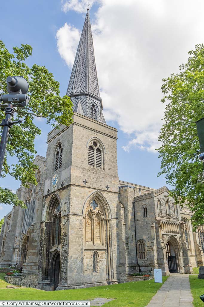 The entrance & spire to St Nicholas Chapel in King's Lynn, Norfolk