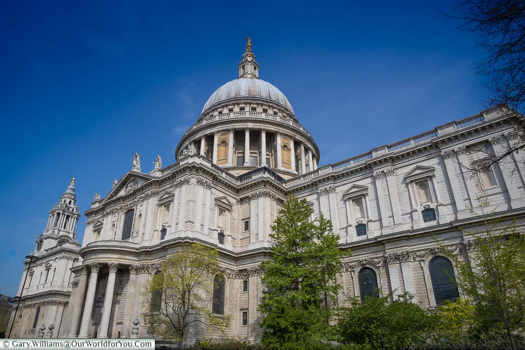 The view of the front of St Paul’s Cathedral from the south side on St Paul’s Churchyard in the City of London