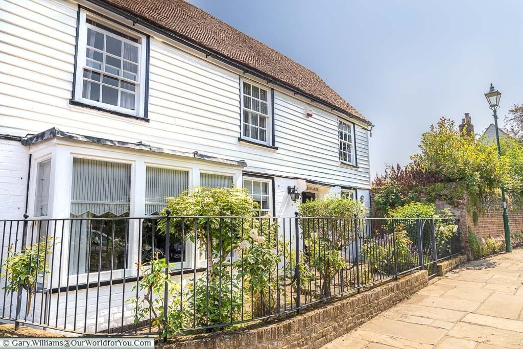 The old Bakery in a white weatherboarded 18th-century building in Farningham, Kent