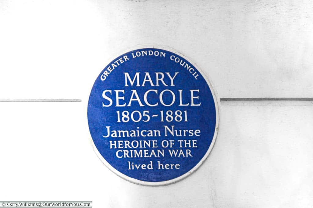 A close-up of a historic Blue Place to the Jamaican Nurse Mary Seacole