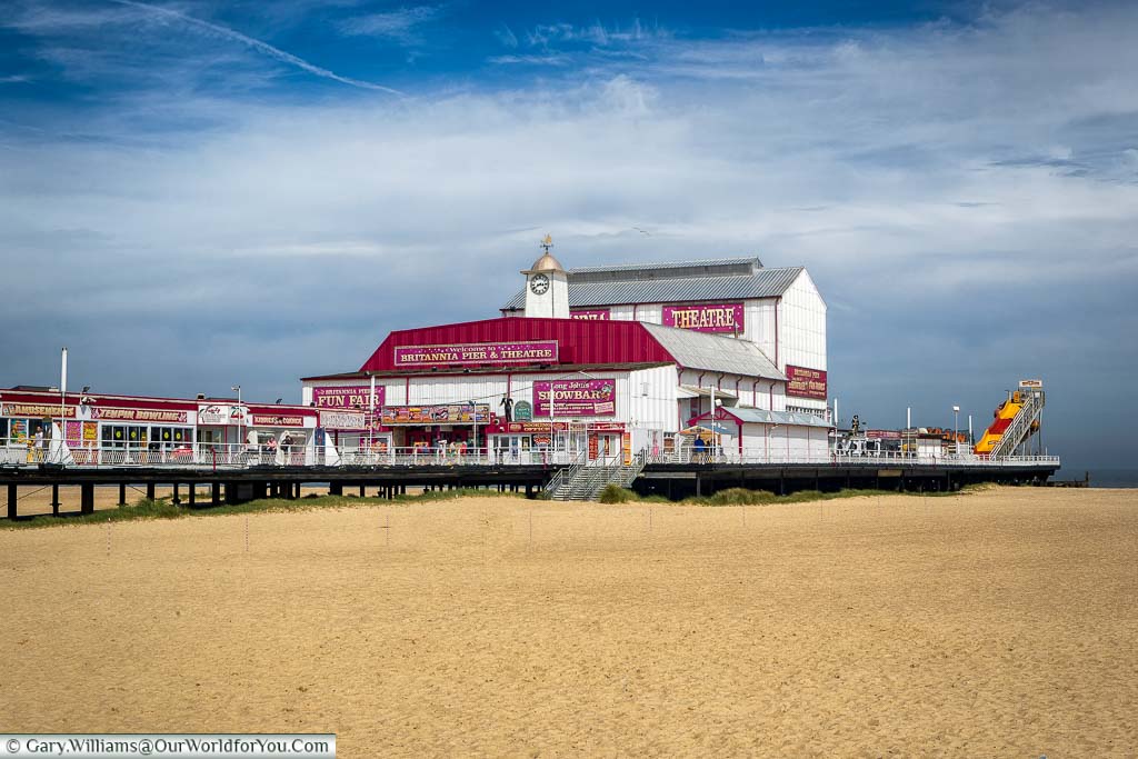 The Britannia Pier, Great Yarmouth, with the golden sands in the foreground.