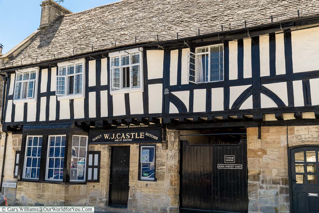 The half-timbered W.J Castle butcher's in Northleach