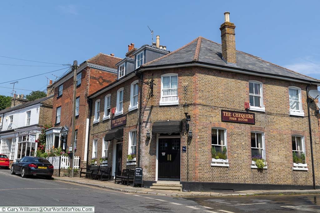 The brick-built Chequers Inn on the corner of Dartford road and the High Street in Farningham, Kent