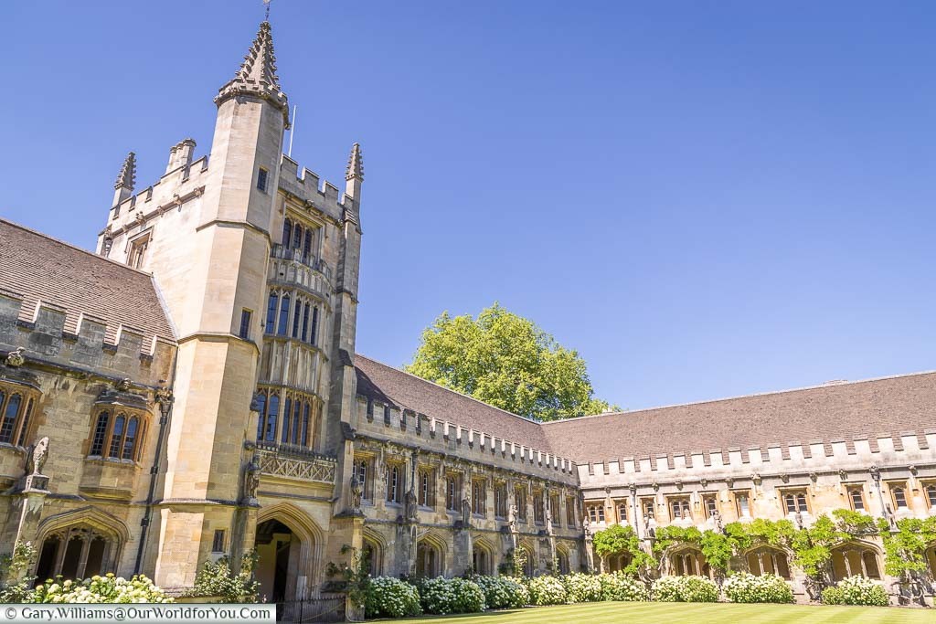 Inside Magdalen college Oxford a view of the cloisters and the tower on a summer's day