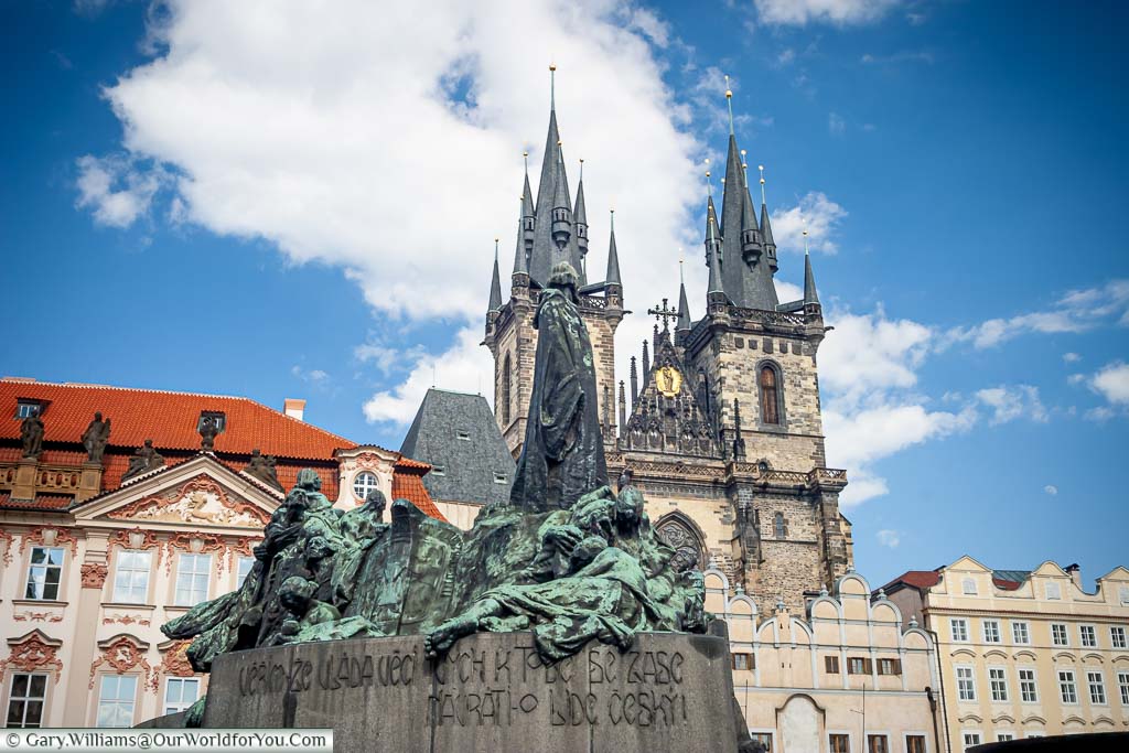 The Jan Hus Memorial in front of the Church of Our Lady before Týn in the old town square in Prague, Czech Republic