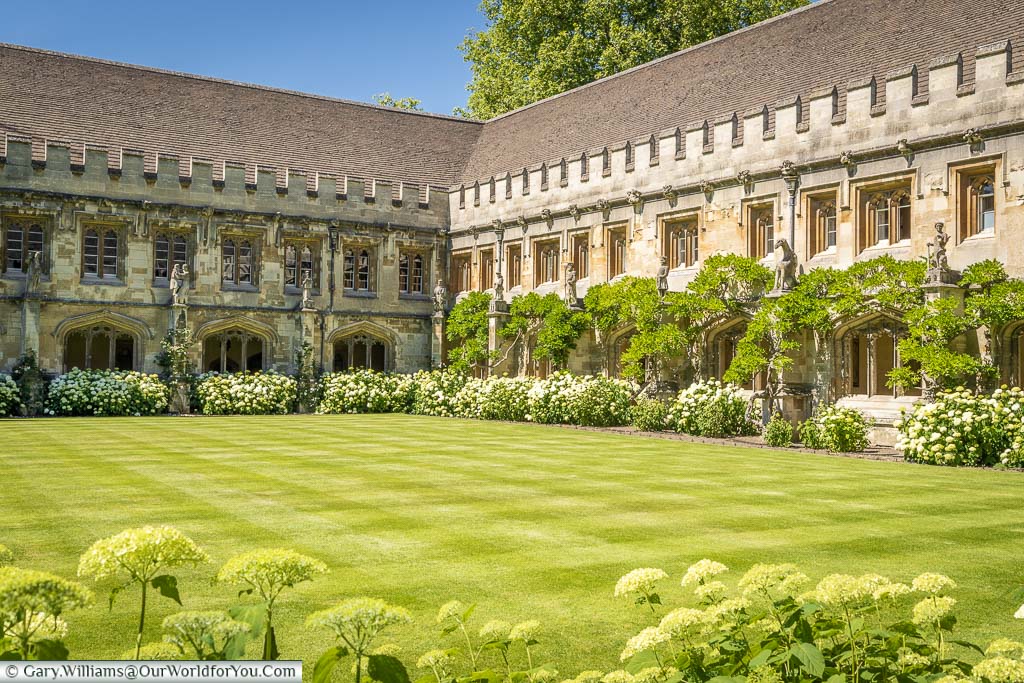 The well-manicured lawns of the green in front of the cloisters of Magdalen College, Oxford
