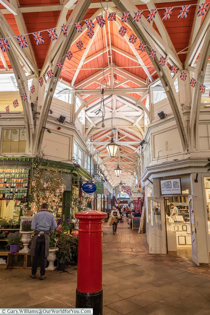 The historic interior of the Covered Market full of individual boutique shops in the centre of Oxford