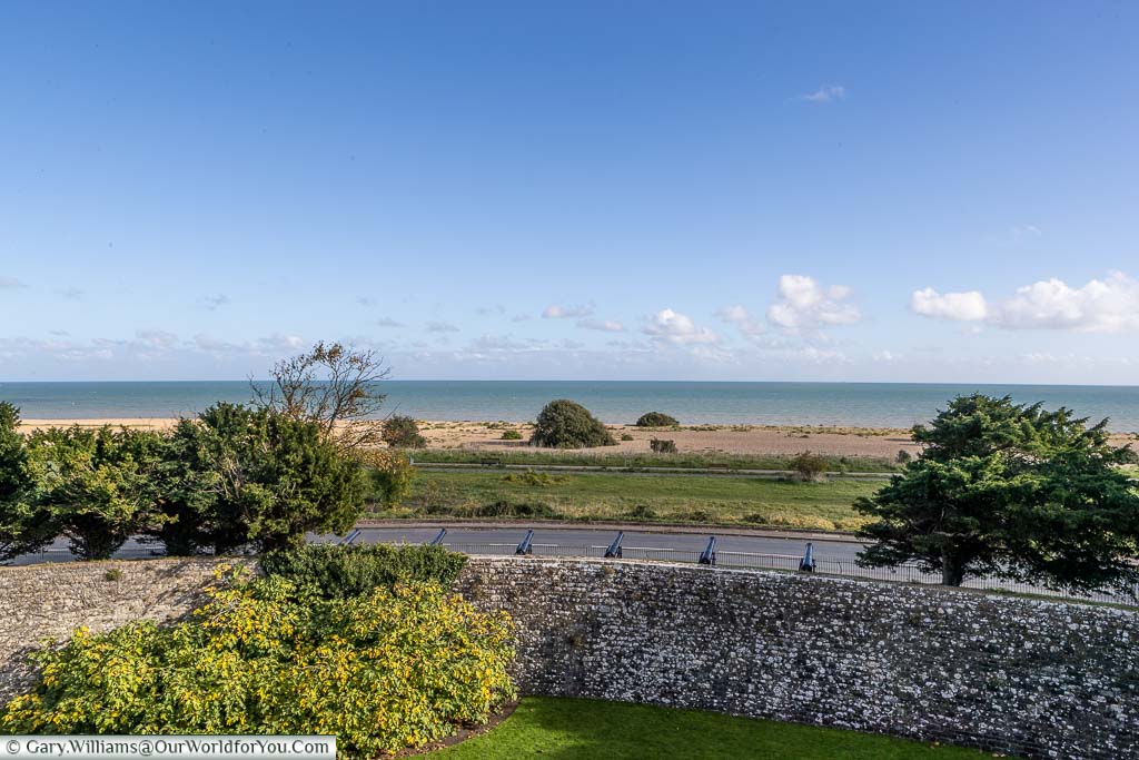 The shale beach and the sea beyond from the ramparts of Walmer Castle