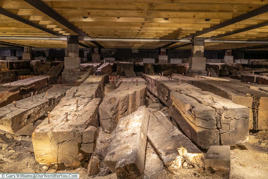 The display of the timbers of the 18th century HMS Namur discovered at the Historic Dockyard Chatham