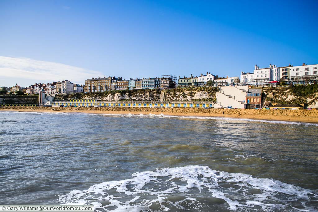 The view from the Harbour arm as the sea meets the shore of Viking Bay, and in the centre are the broad stairs that lead up to the promenade of Broadstairs