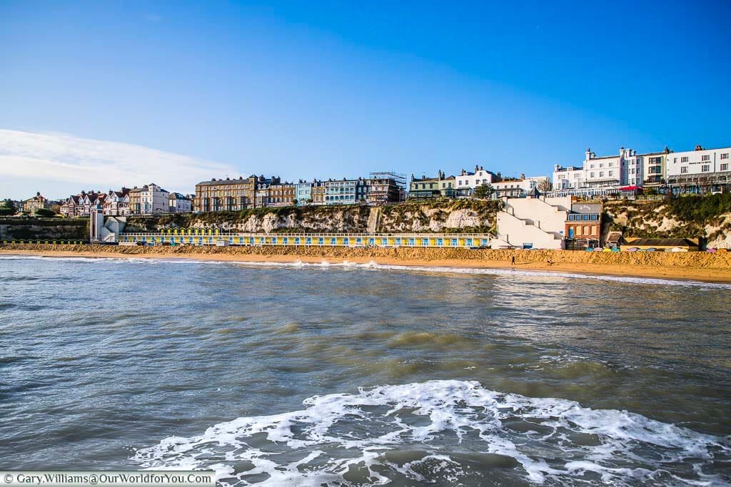 The view from the Harbour arm as the sea meets the shore of Viking Bay, and in the centre are the broad stairs that lead up to the promenade of Broadstairs