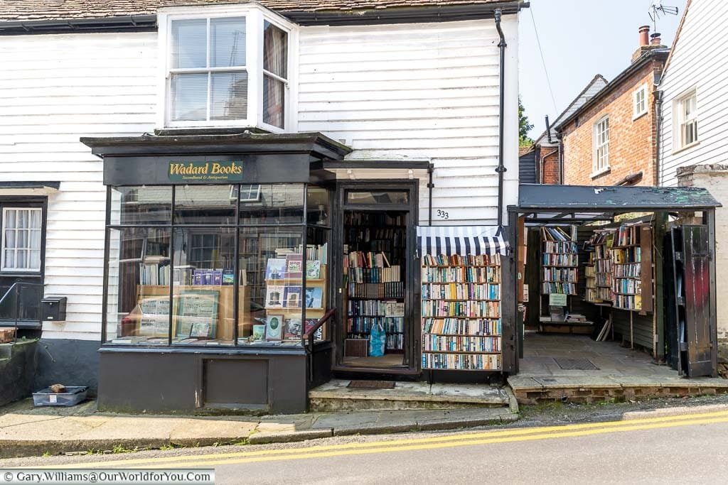 The Wadard Antiquarian Books store with its white weatherboarded exteriors, trimmed in black edges, in Farningham, Kent