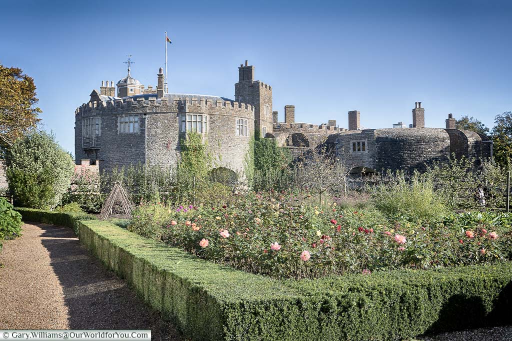 The view of Walmer Castle from the rose garden, surrounded by neatly trimmed boxus borders