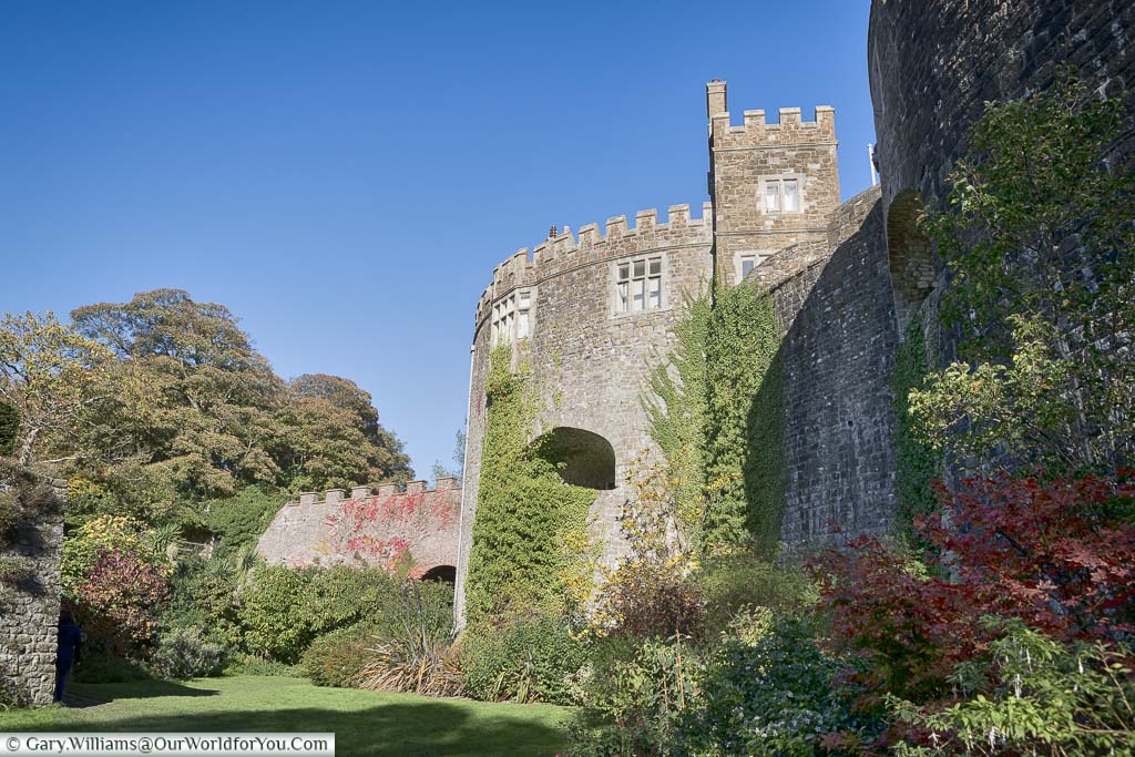 One of the round stone bastions of Walmer Castle from the moat