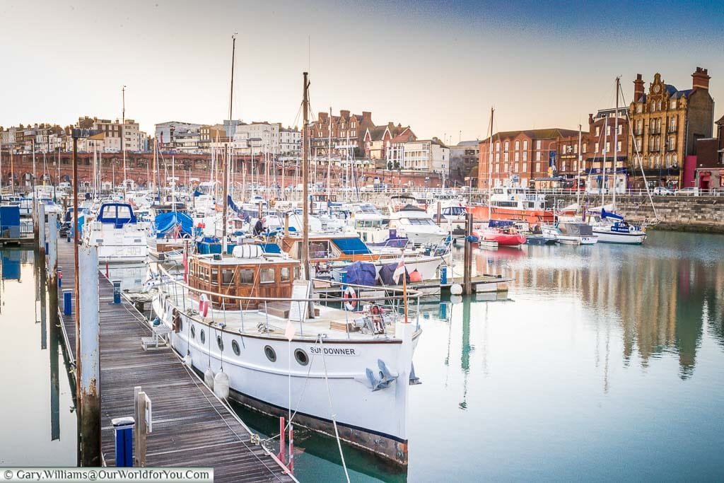 A view of the ‘Sundowner’ boat moored in Ramsgate Harbour. This was one of the little boats used during the Dunkirk evacuations in the 2nd World War.