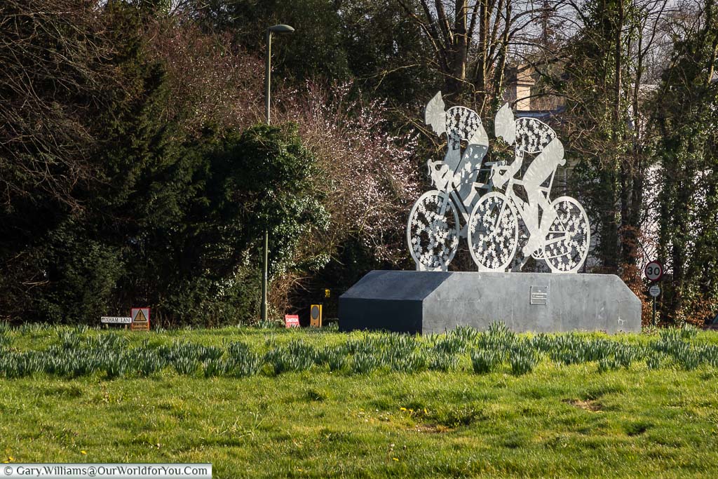 The Cycle Race Sculpture on the Denbies roundabout at the entrance to Dorking town.