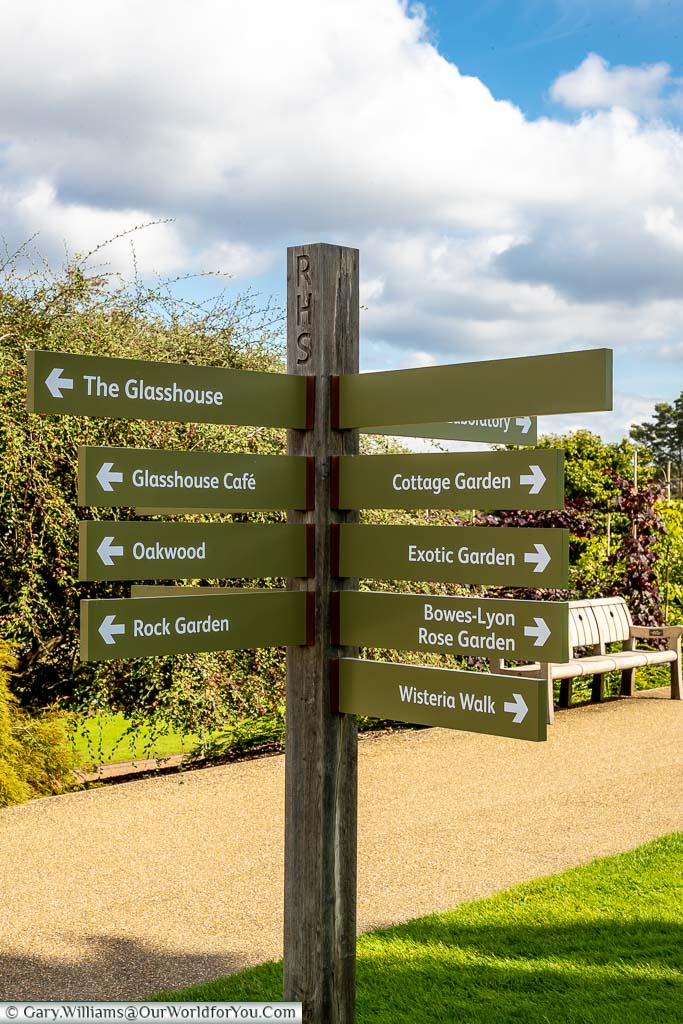 A signpost pointing to different parts of the various gardens.
