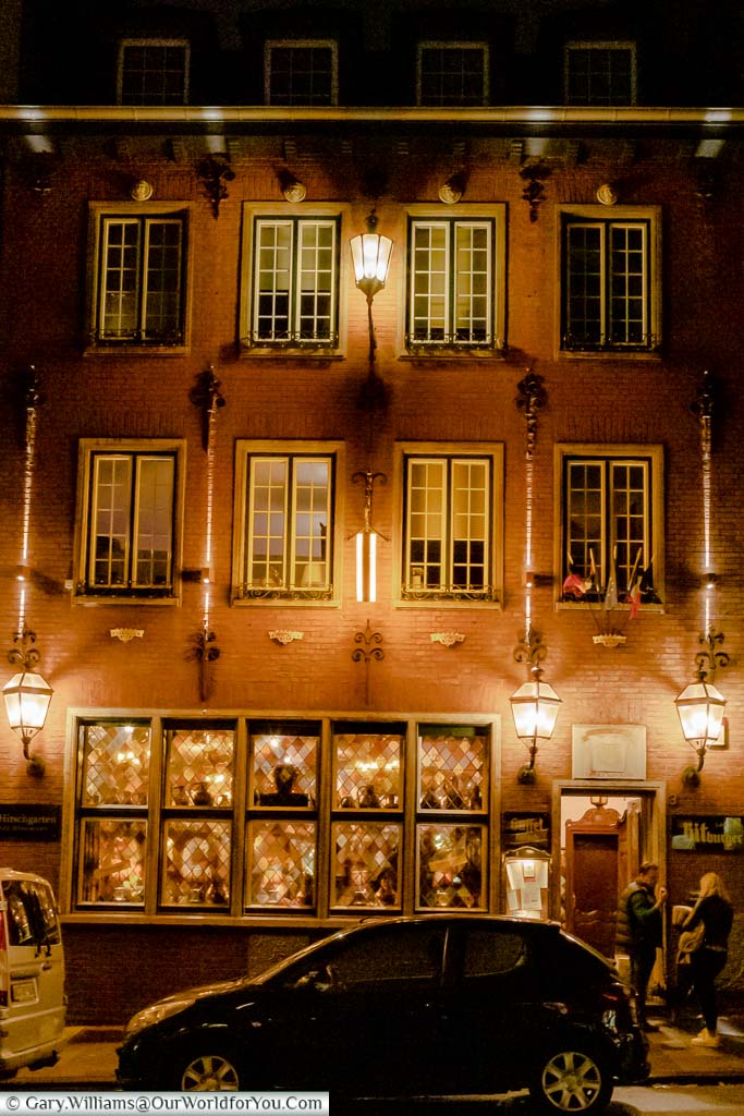 The outside of Am Knippat night. Dating from 1698, it is Aachen's oldest inn and serves traditional local food. A family-run business that's a great place to eat.