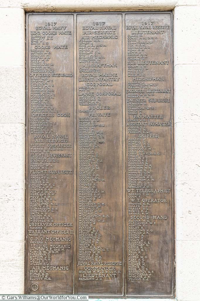 A brass plaque attached to the obelisk of the Chatham Naval Memorial detailing those who have no grave other than the sea.