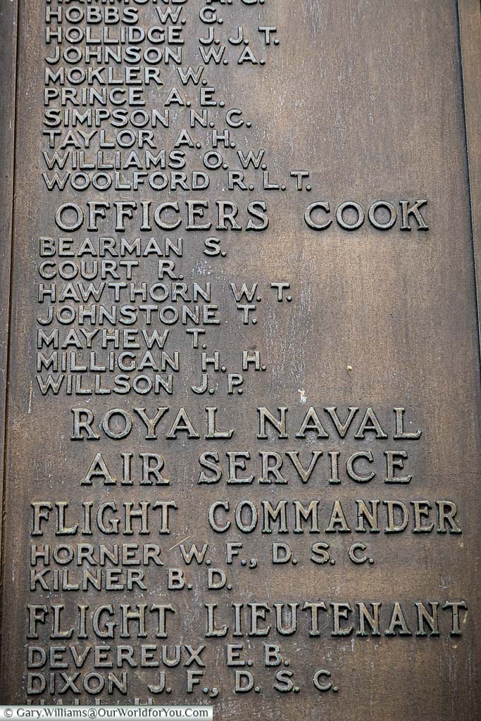 The brass plaque with the dedication to Hamilton Herries Milligan, Officers Cook, on the Chatham Naval Memorial in Kent