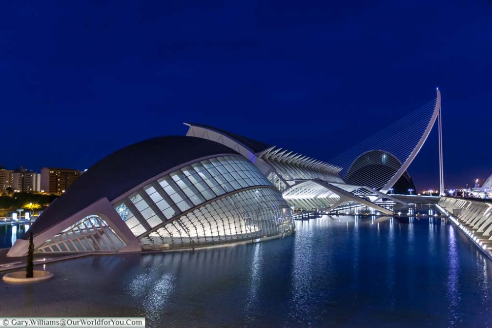 A shot of the Hemisferic at dusk in the City of Arts & Science in Valencia, Spain