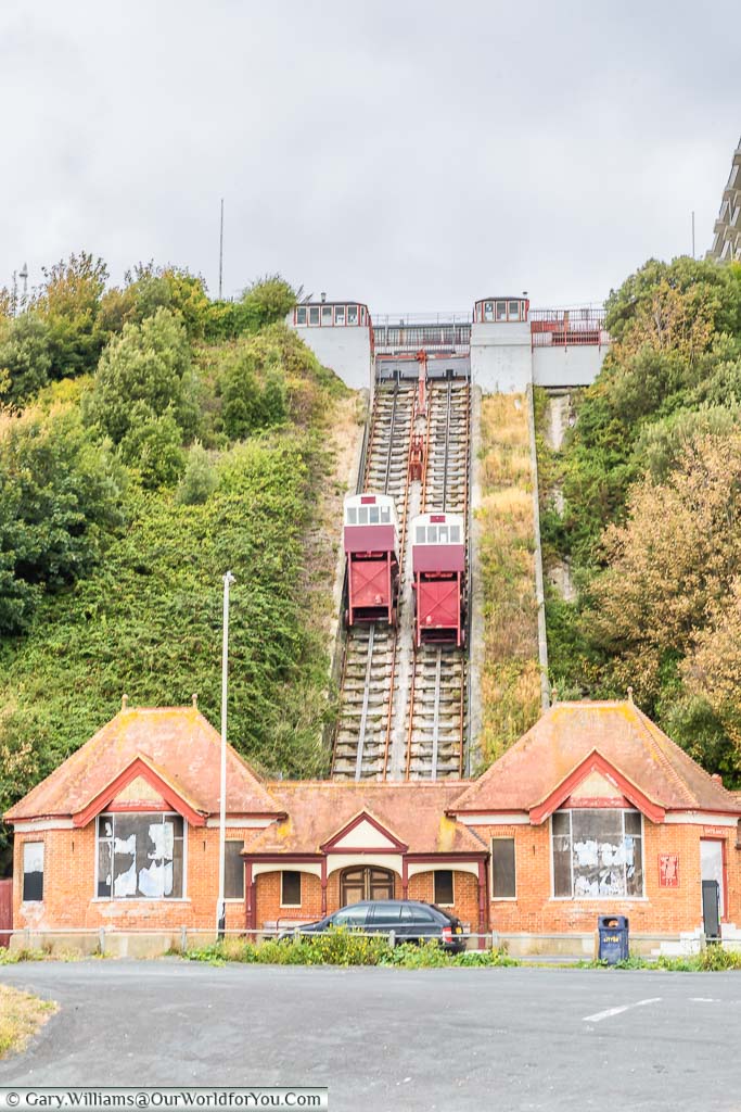The Leas Lift, a victorian ventricular railway that carried visitors from the Leas high above the beach down to see level. The entrance at the base is now boarded up while they try to raise funds to bring the lift up to modern standards.
