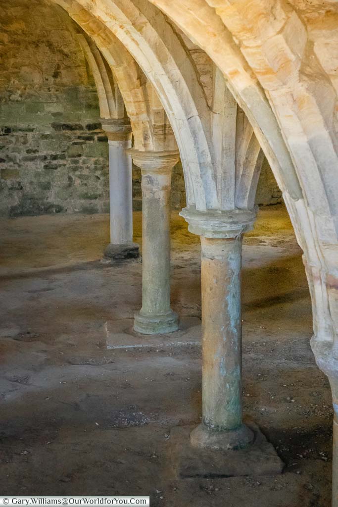 A close-up of the columns under the Abbey dormitory.