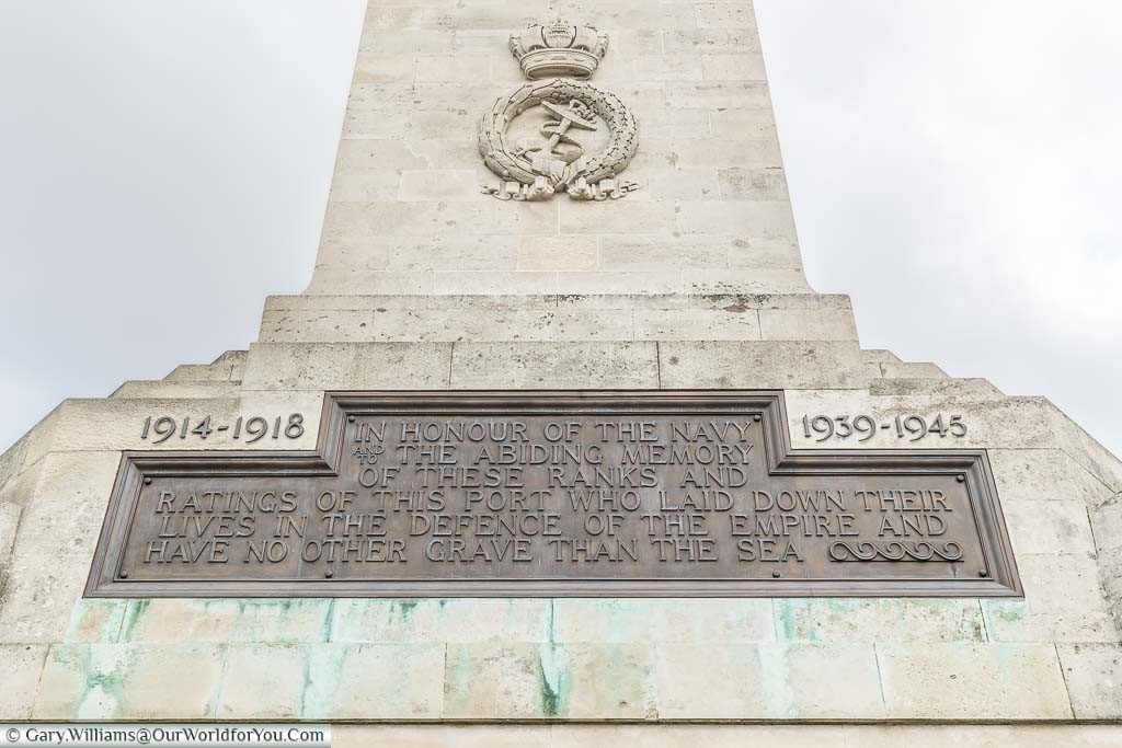 A brass plaque at the base of the central obelisk in Chatham Naval Memorial dedicating it to those who have 'No Other Grave Then The Sea'
