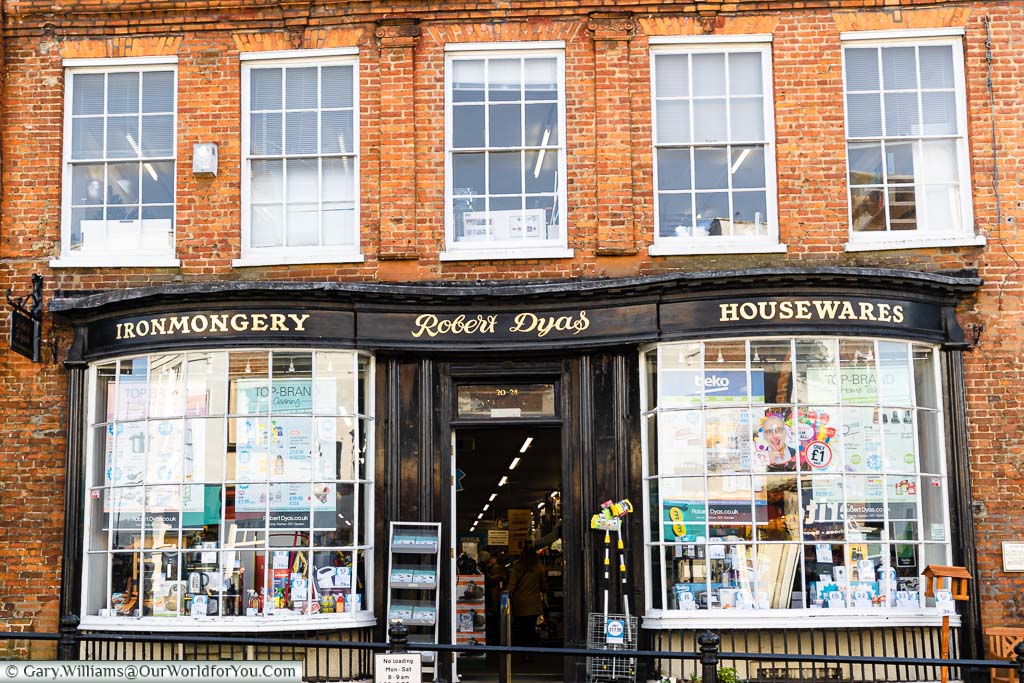 The Robert Dyas Ironmongery and Housewares store in a traditional fronted building on the high street in Dorking.
