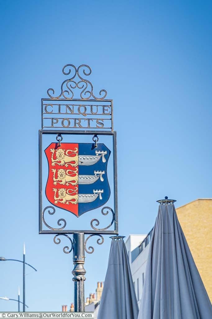 A pub sign for the Cinque Ports, featuring the traditional front of 3 Norman Lions and the back of 3 Norman longboats, in Margate, Kent