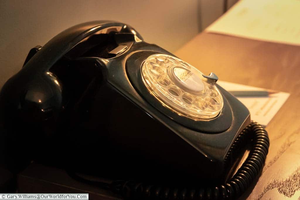 A close-up of the period phone on the desk in our room at the White Horse Hotel in Dorking.