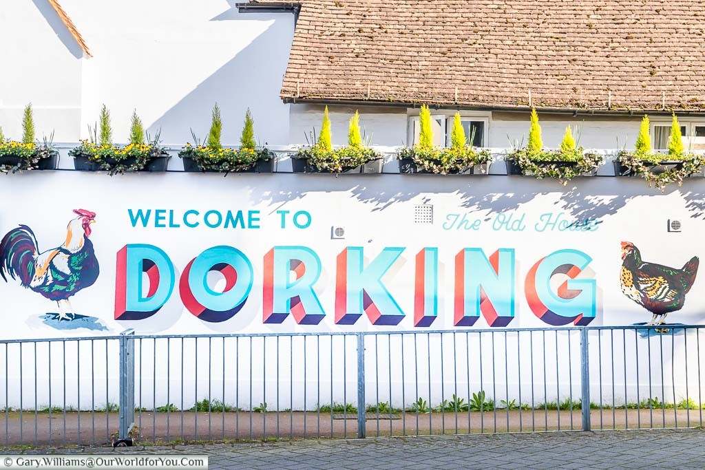 A 'Welcome to Dorking' mural featuring two Dorking Cockerels, painted on a white background
