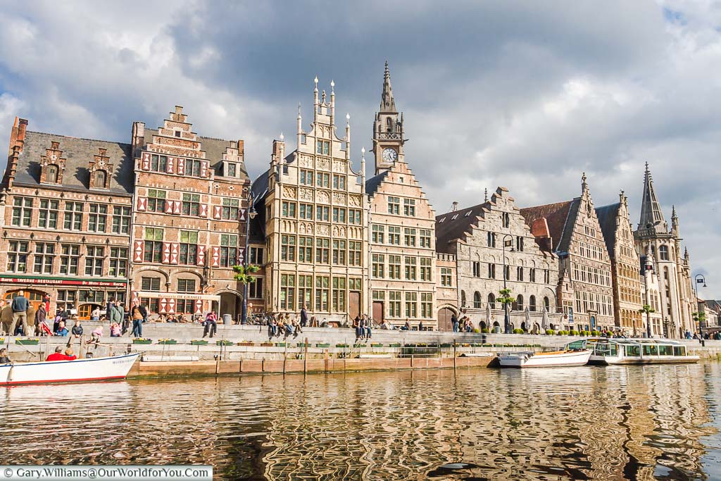 A view of the Graslei, a row of historic Flemish buildings along the Leie waterway the runs through Ghent, Belgium