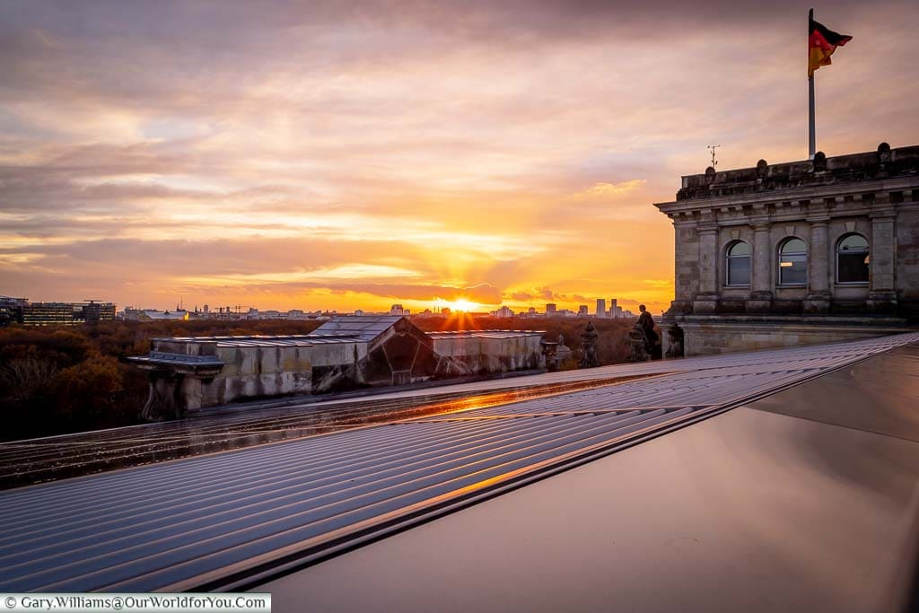A view of the sunset to the west of Berlin from the roof of the Reichstag.