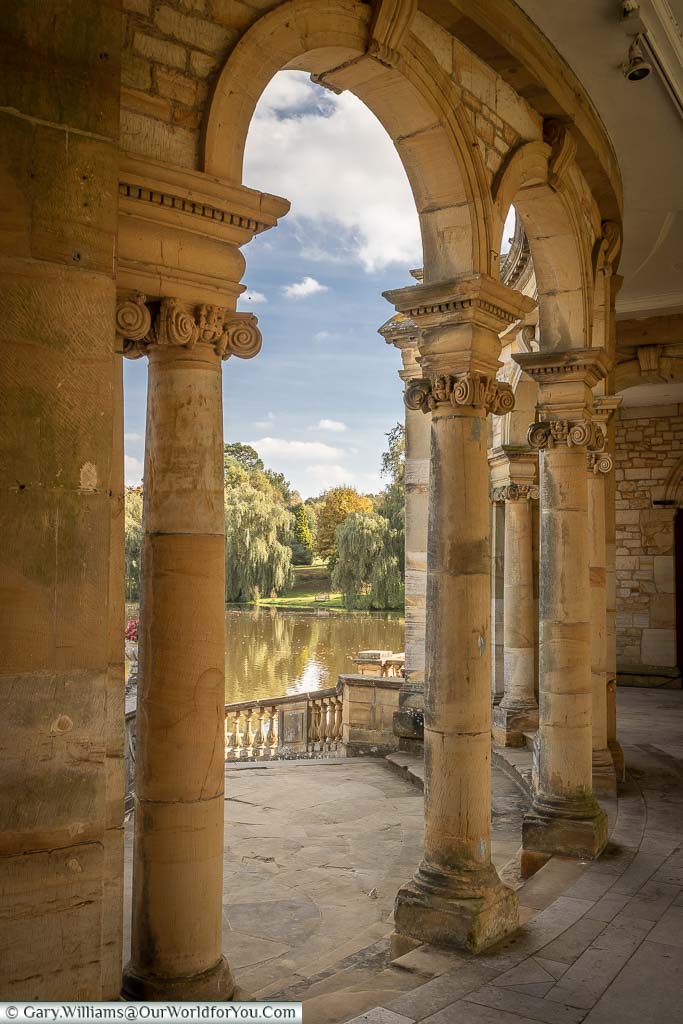 Inside the Loggia at the end of the Italian Garden with views onto the lake at Hever Castle in Kent