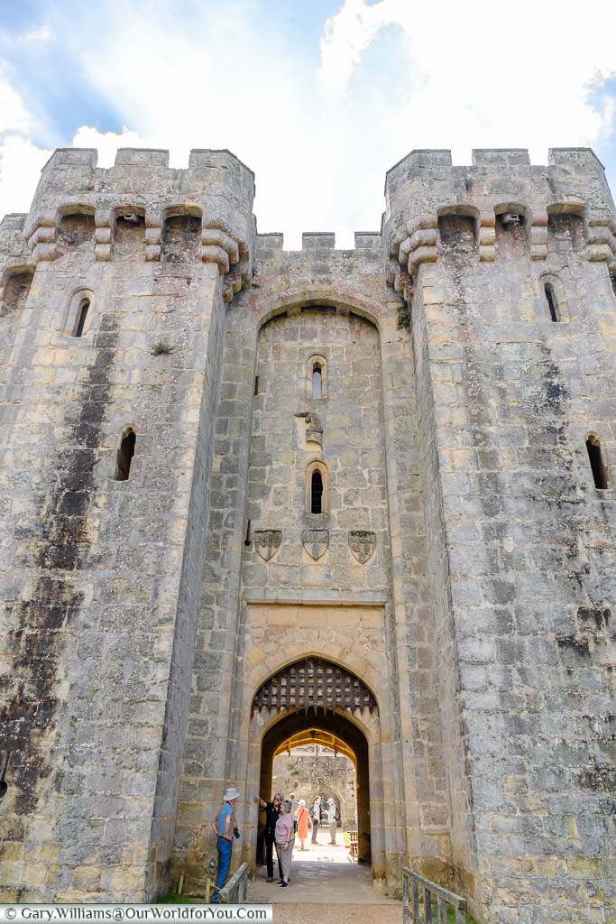 The massive stone entrance tower, with its iron portcullis, at Bodiam Castle