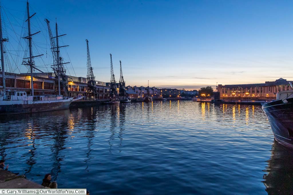 A view of Bristol Harbour from the Prince Street Bridge at dusk