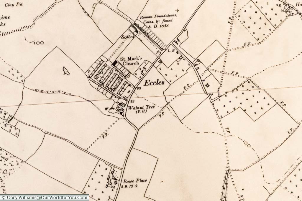 A close-up of a sepia map of the tiny village of Eccles from the mid 19th century