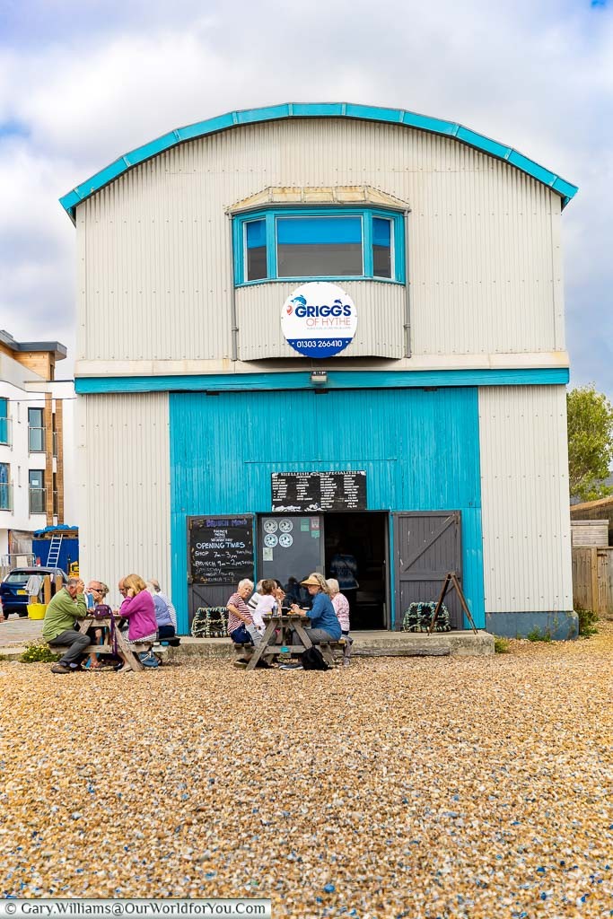 The Griggs of Hythe seafood stall right on the shale beach